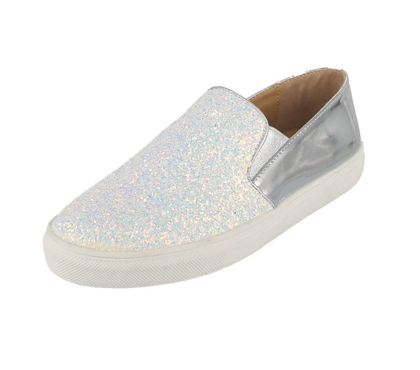 WOMAN'S SHOES WHITE GLITTER SLIP ON TENNIS SNEAKERS SHAYLA