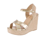 WOMAN'S SHOES GOLD METALLIC/RAFFIA WEDGE SANDAL LORITA