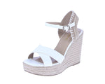 WOMAN'S SHOES WHITE RAFFIA/PU LEATHER WEDGE SANDAL LORITA