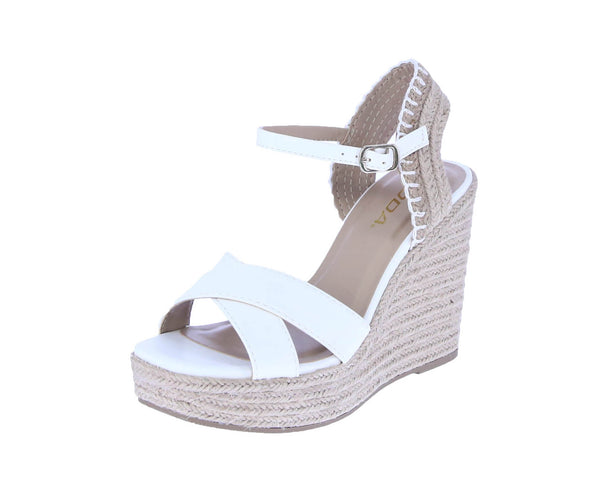WOMAN'S SHOES WHITE RAFFIA/PU LEATHER WEDGE SANDAL LORITA